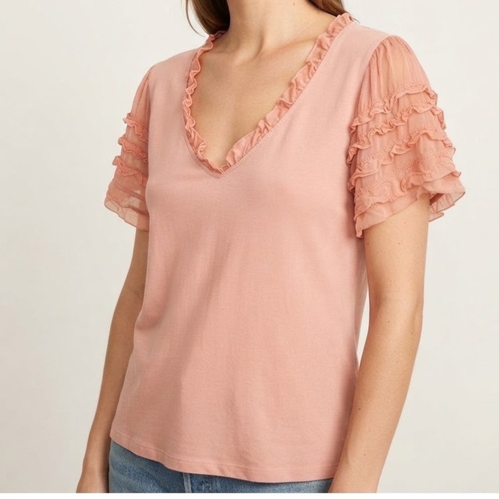 Johnny Was Peach V-Neck Top L/XL Layered Ruffle Sleeves Cotton Blend Made in USA